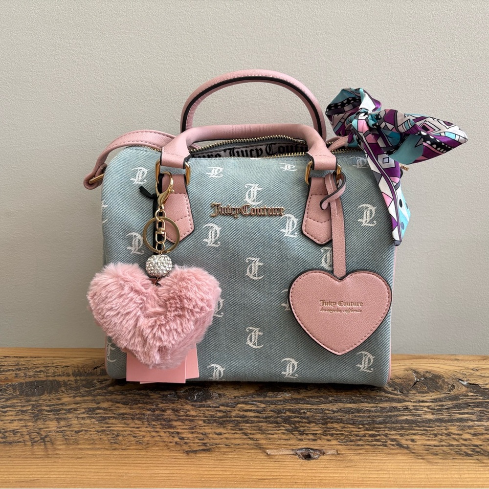 NWT Juicy Couture Gothic Denim & White Fame Satchel + FREE Keychain and Scarf